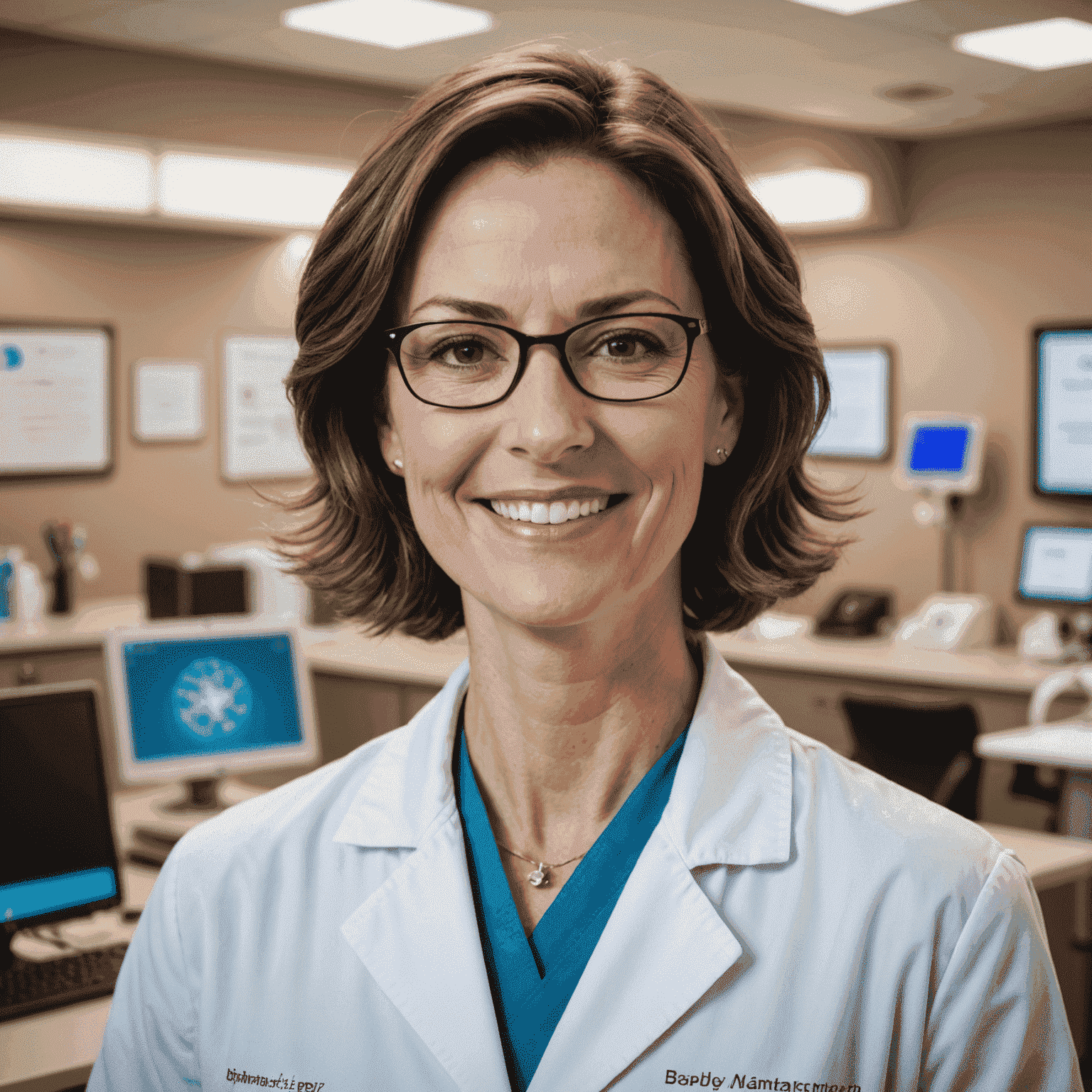 Portrait of Dr. Sarah Johnson, a middle-aged woman with short brown hair and glasses, wearing a white lab coat and smiling warmly at the camera. The background suggests a modern medical office.