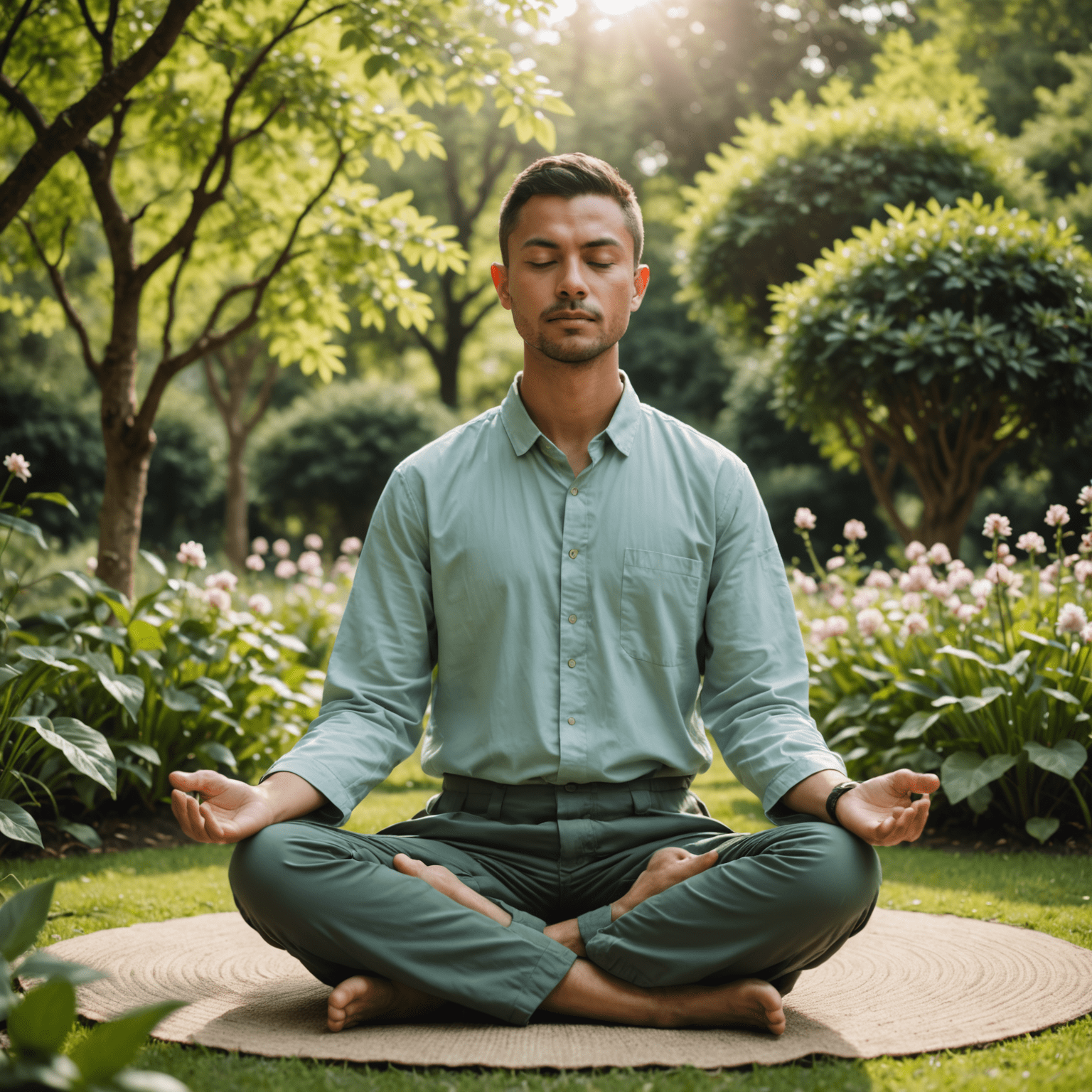 A serene image showing a person meditating in a peaceful garden, surrounded by soft, calming colors representing the 5 simple habits for better mental health.