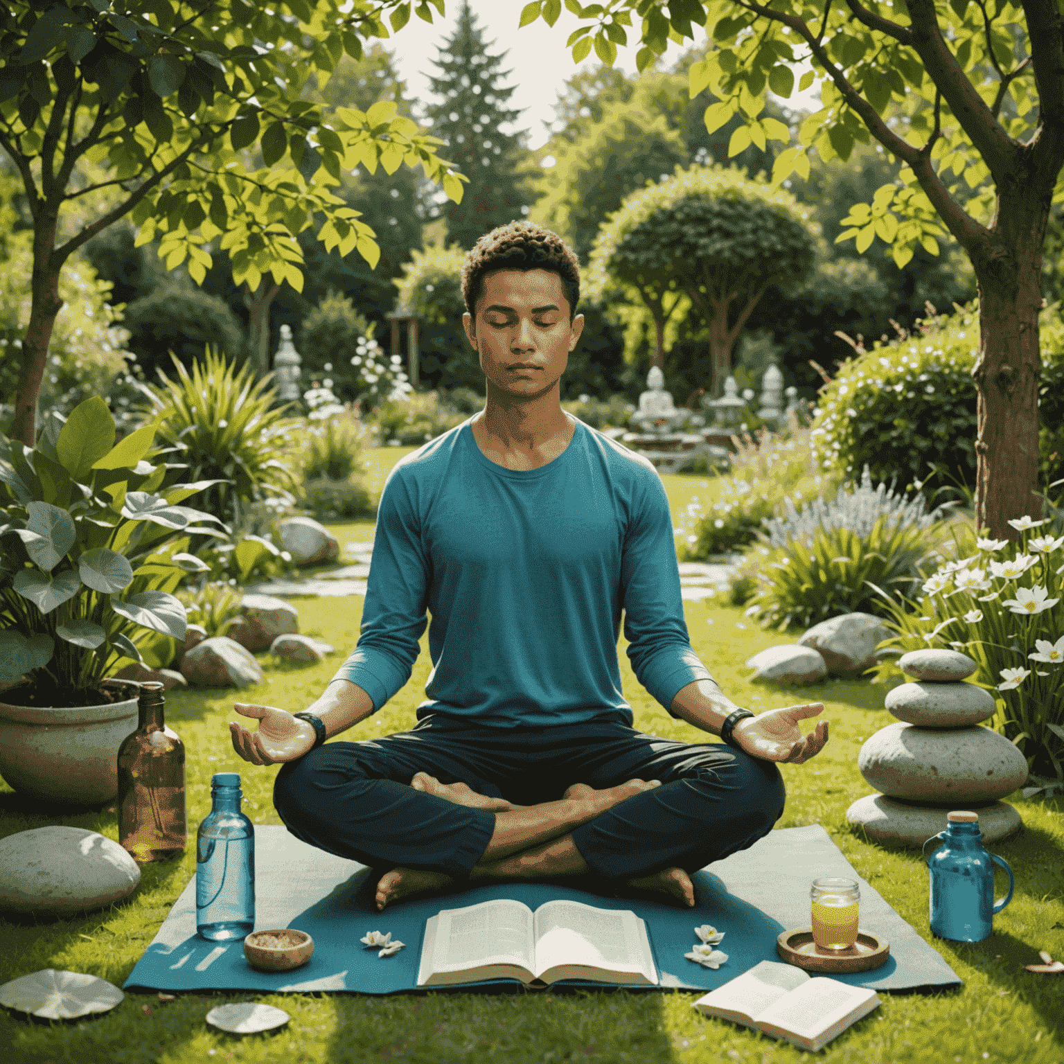 Illustration of a person meditating in a peaceful garden, surrounded by symbols of good habits like a water bottle, a book, and exercise equipment