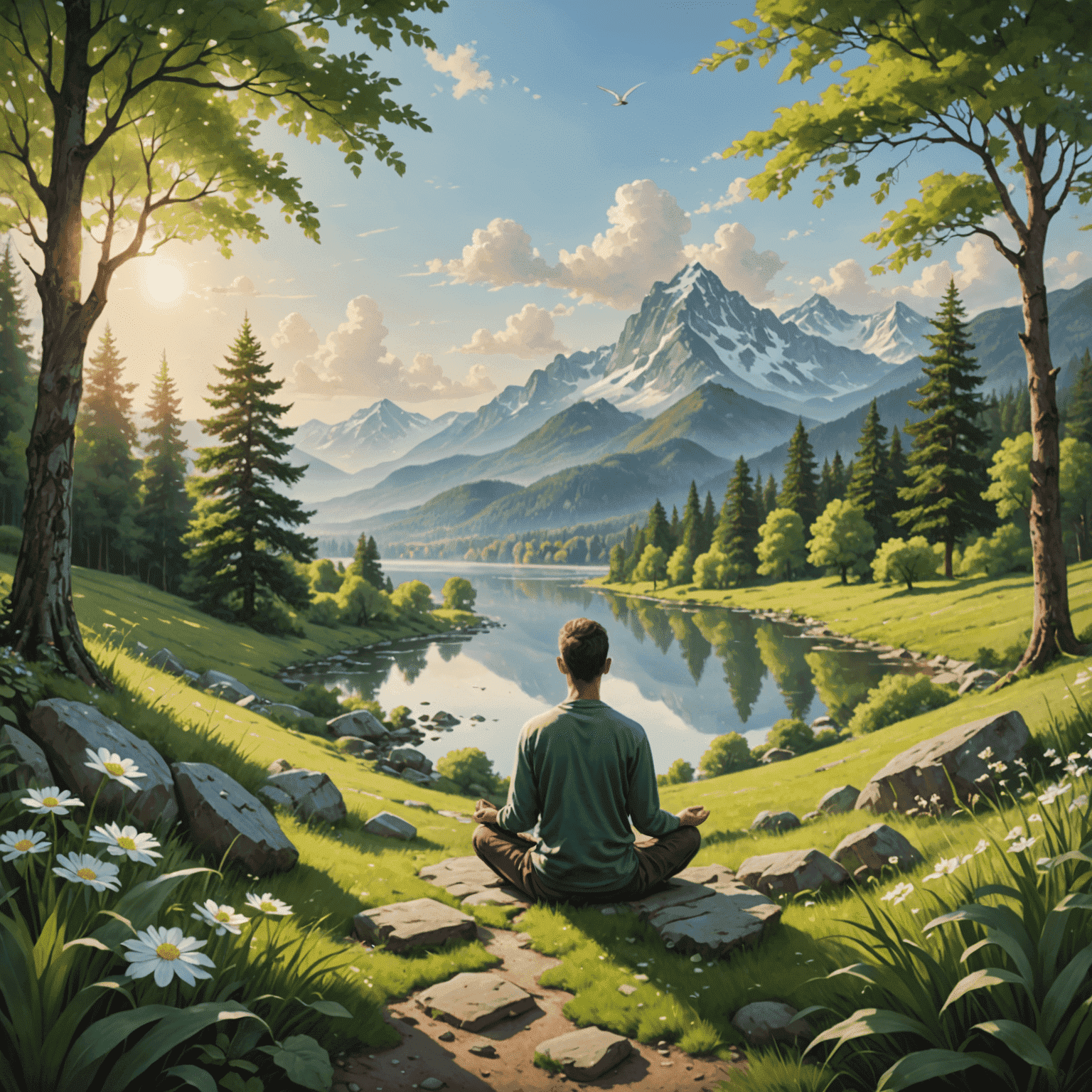 A serene landscape with a person practicing mindfulness, surrounded by nature, representing mental well-being and peace