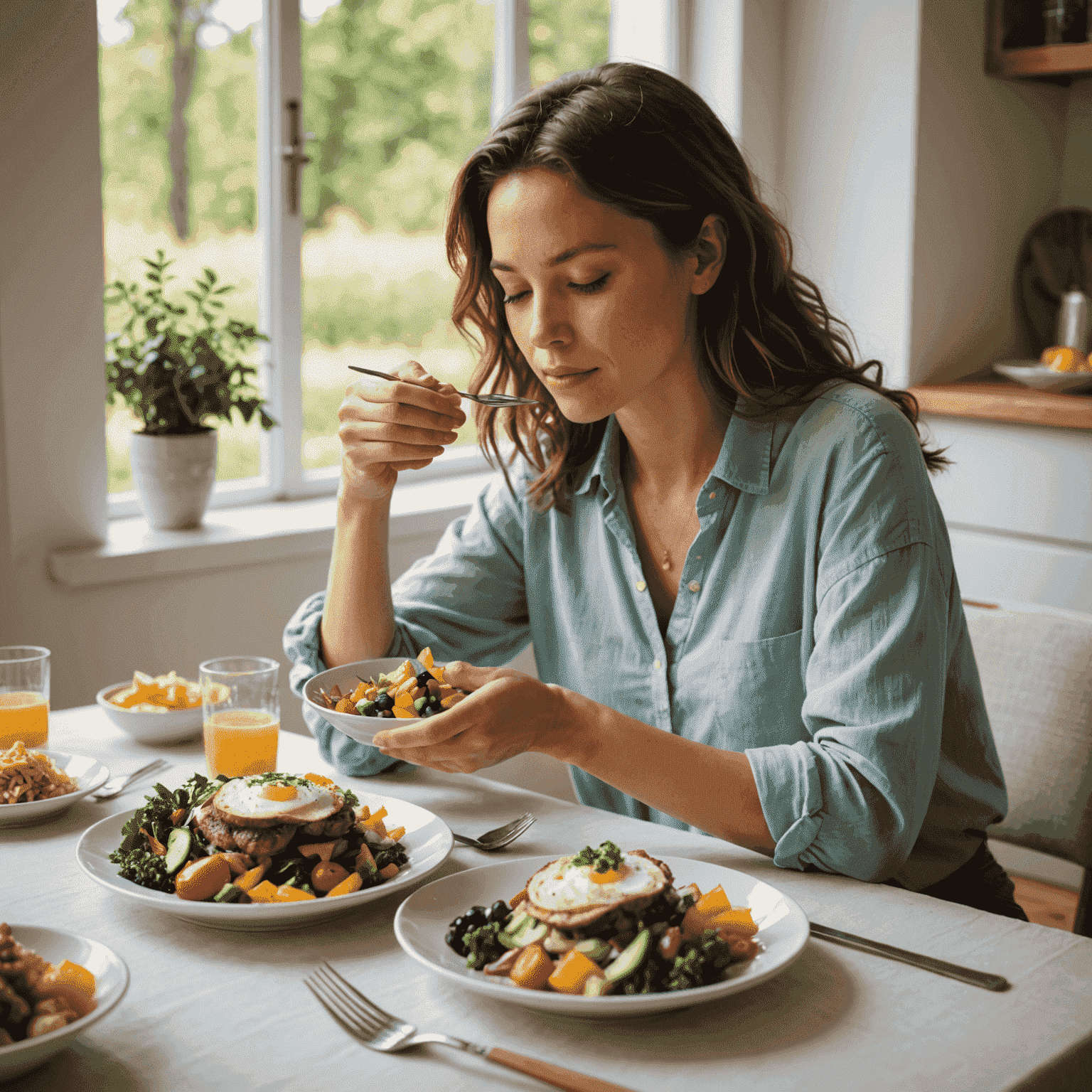A person sitting at a table, eyes closed, hands resting gently on either side of a colorful, nutritious meal. The scene is bathed in soft, natural light, creating a serene and peaceful atmosphere.
