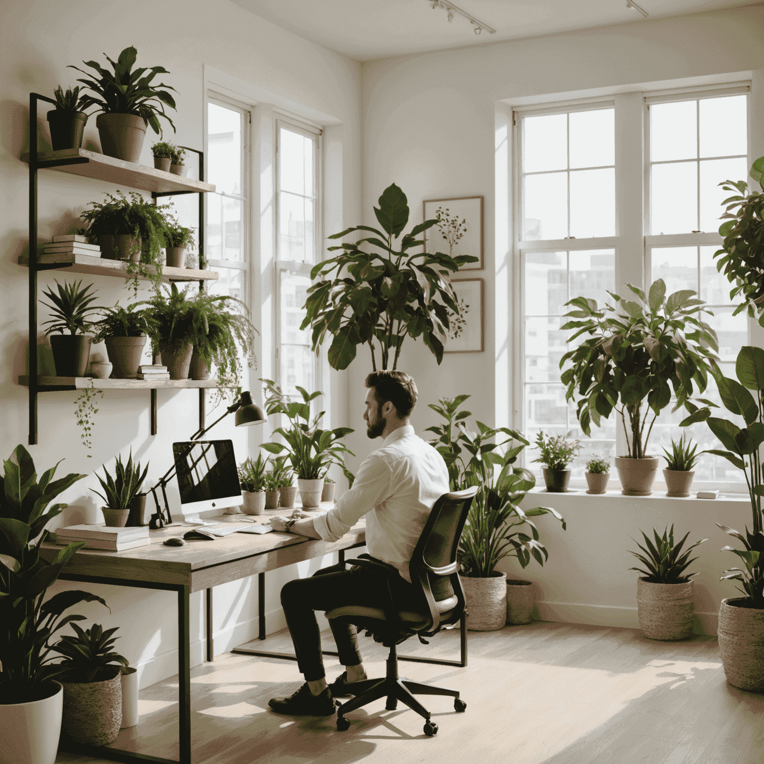 A serene office space with plants, natural light, and a professional looking relaxed at their desk