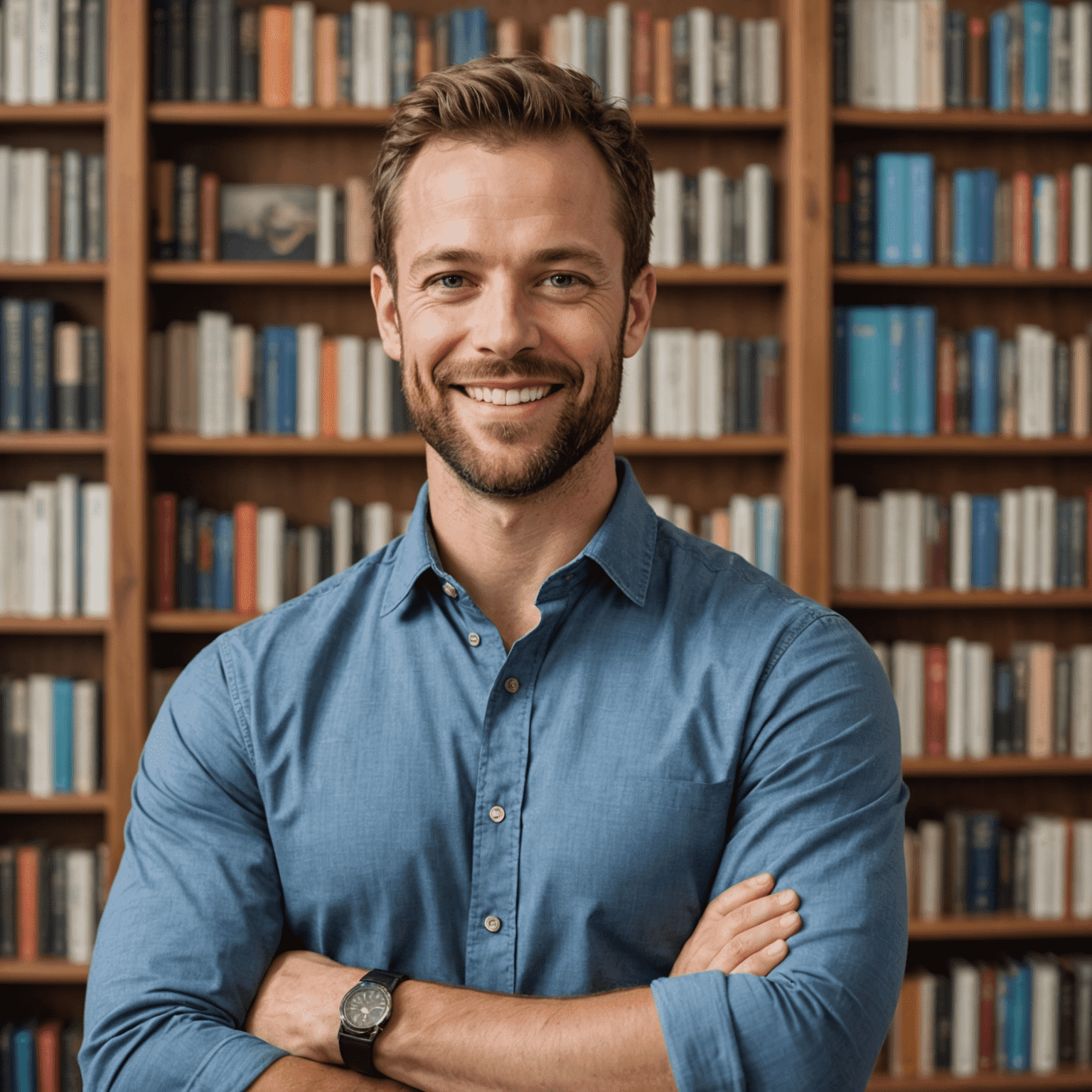 Portrait of Mark Thompson, a young man in his early 30s with a friendly smile, wearing casual business attire. He is standing in front of a bookshelf filled with health and wellness titles.
