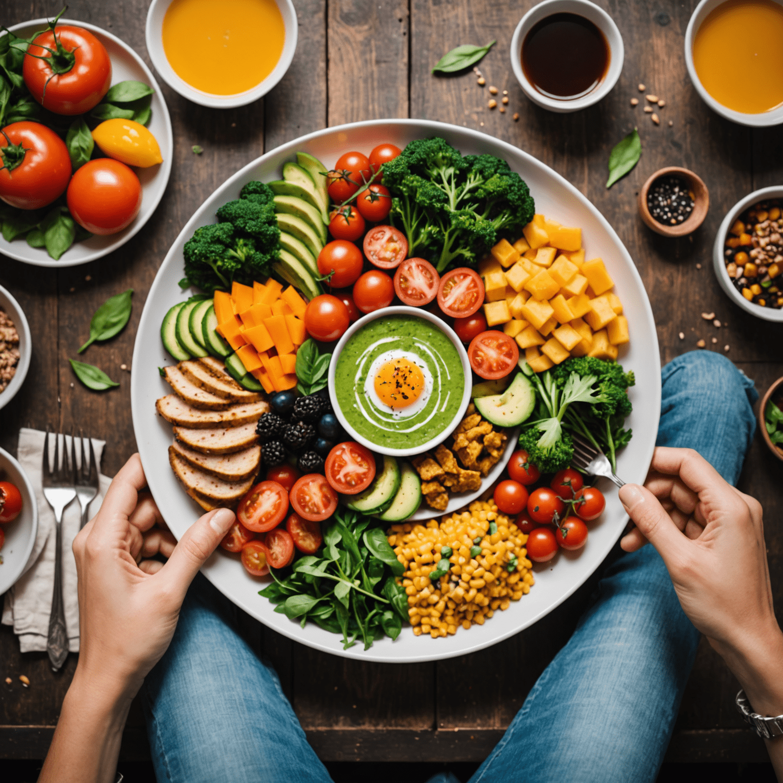 A colorful and appetizing plate of healthy food with a person mindfully enjoying their meal, emphasizing the power of conscious eating.