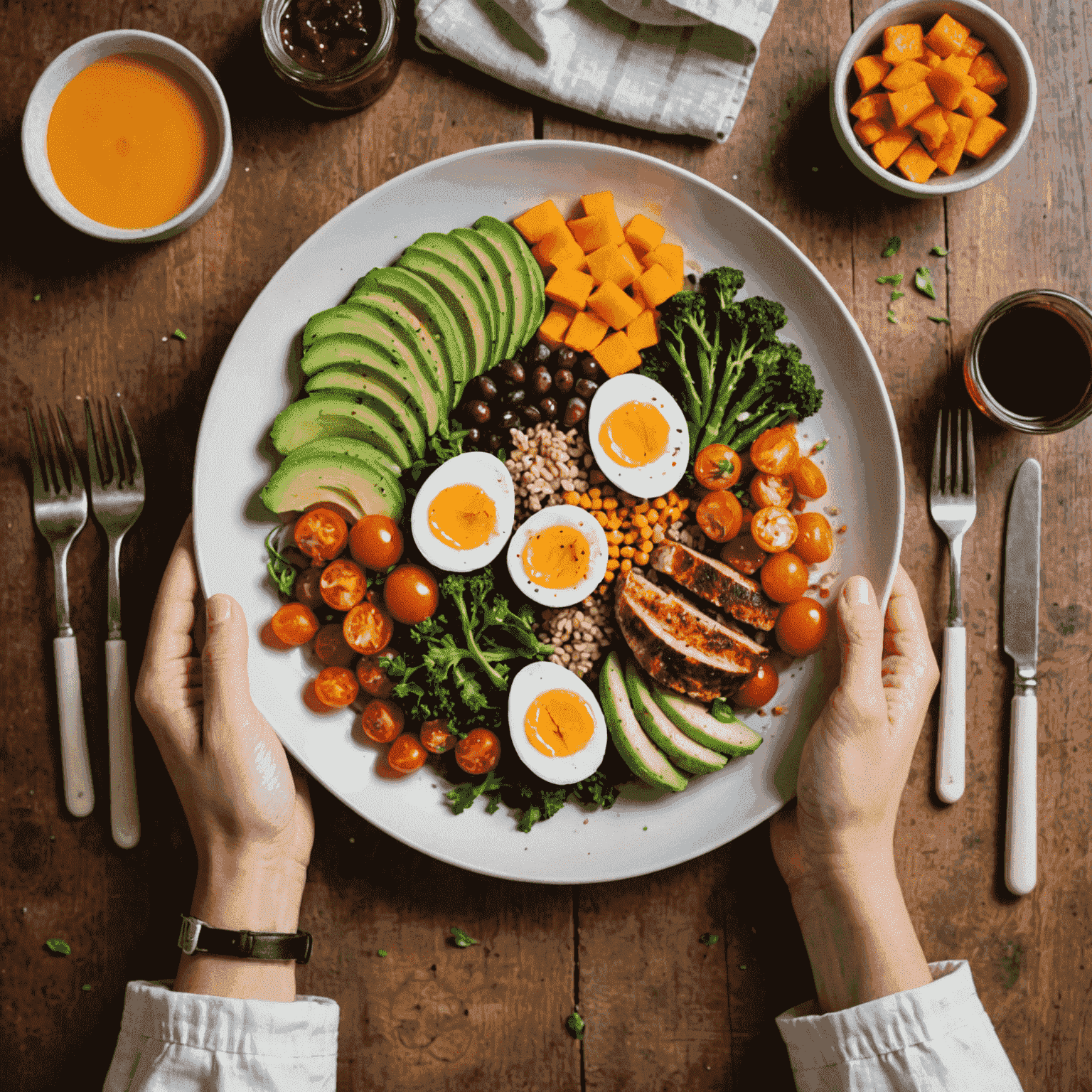 A colorful, appetizing plate of healthy food with a person's hands holding utensils, emphasizing the act of mindful eating