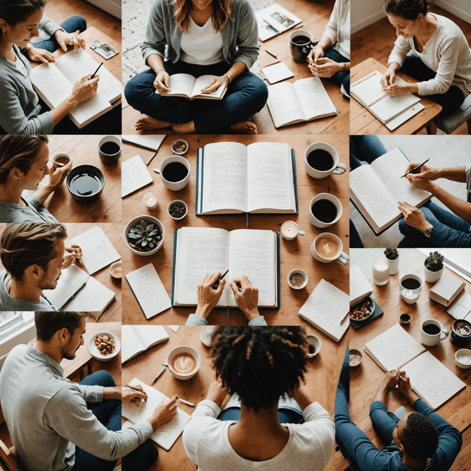 A collage showing people engaged in the five habits: meditating, exercising, writing in a gratitude journal, connecting with friends, and sleeping peacefully