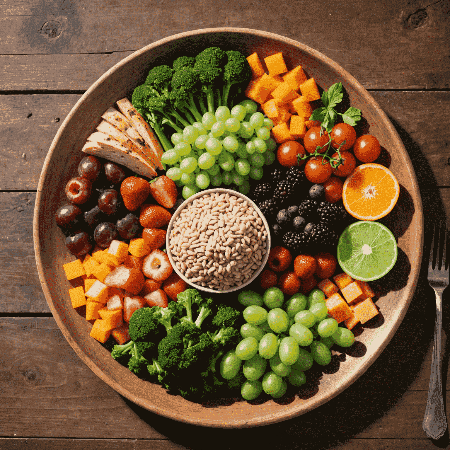A beautifully arranged plate of colorful, fresh foods including fruits, vegetables, whole grains, and lean protein. The plate is set on a rustic wooden table with natural sunlight streaming in, emphasizing the vibrant colors and textures of the food.