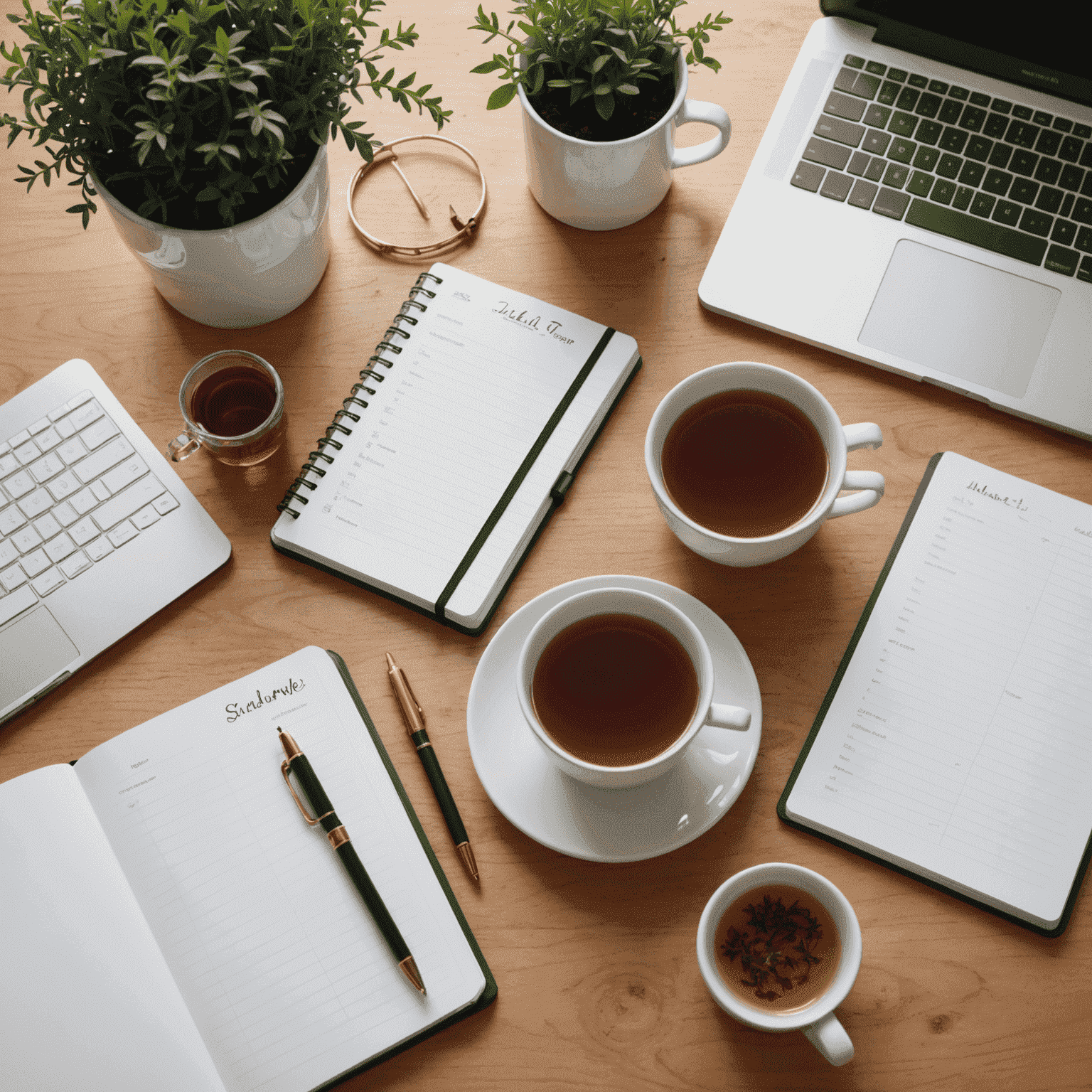 A neatly organized desk with a planner, laptop, and a cup of herbal tea
