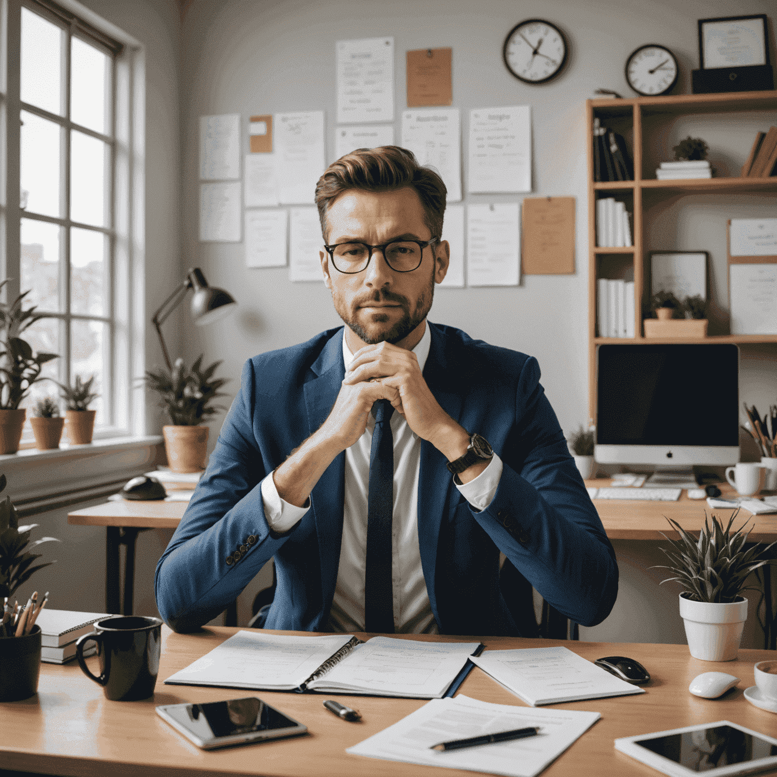 A professional in a calm office setting practicing stress-relief techniques, surrounded by elements representing work-life balance and stress management.