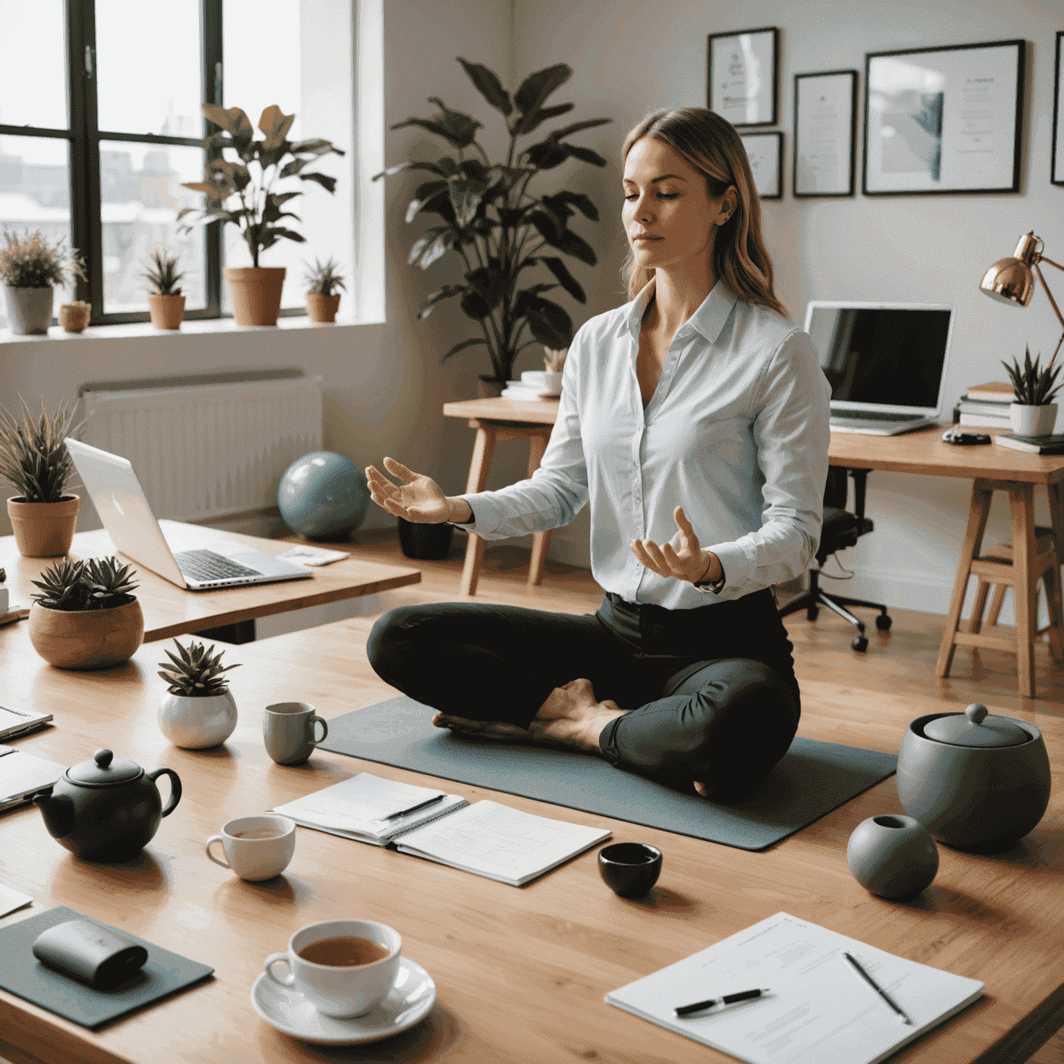 A calm office setting with a person practicing desk yoga, surrounded by stress-relief items like a stress ball and calming tea