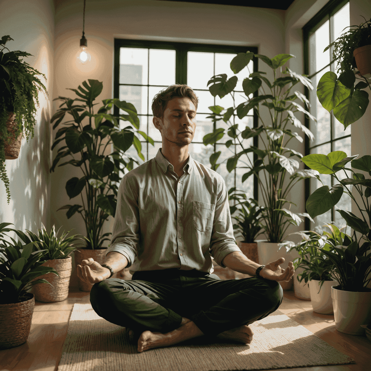 A person meditating in a peaceful corner of their office, surrounded by plants and soft lighting