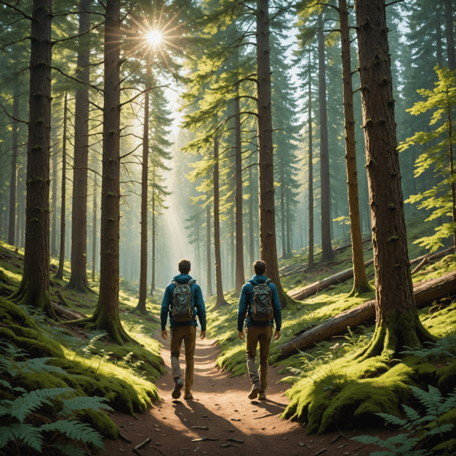 A serene forest scene with sunlight filtering through trees, showing a person hiking and enjoying nature