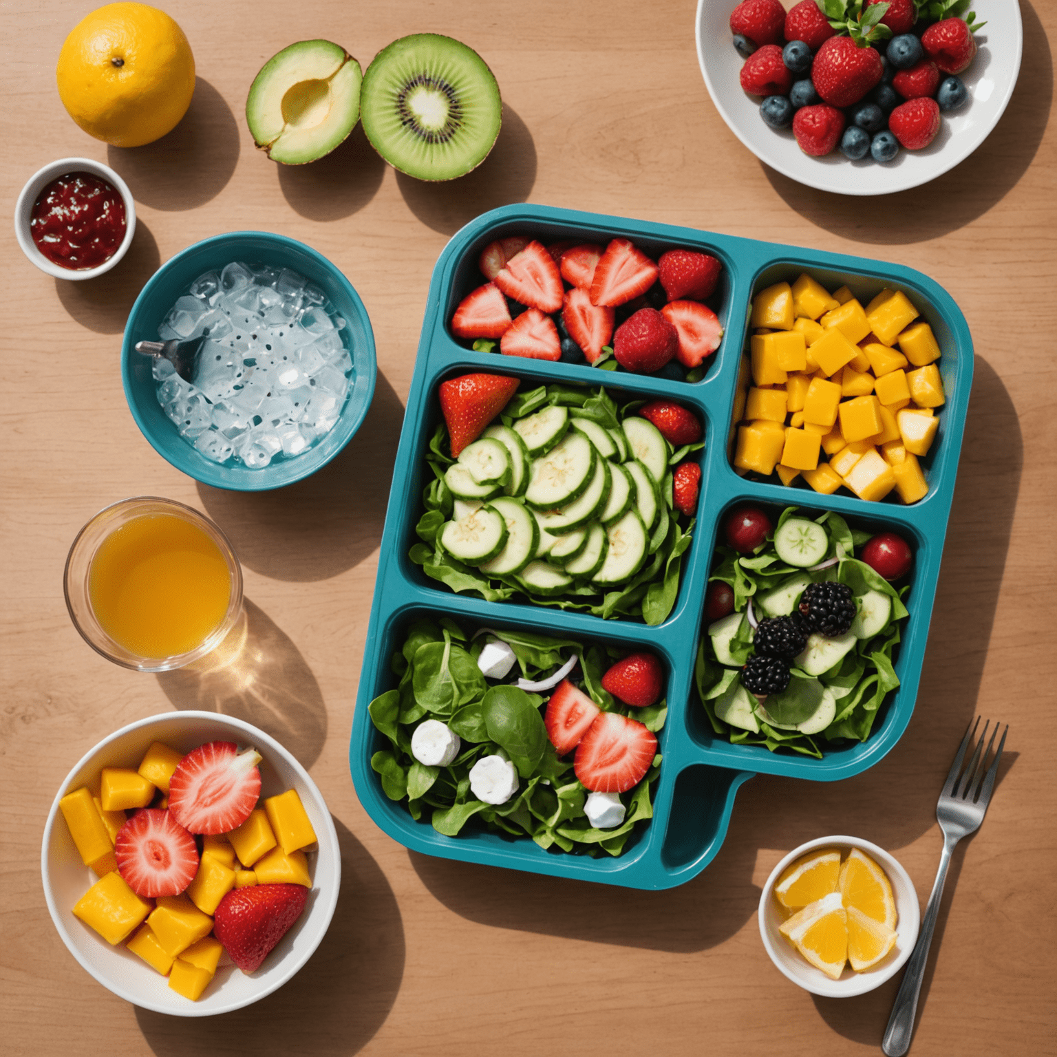 A colorful, healthy lunch spread on a desk, featuring a salad, fruit, and a glass of water