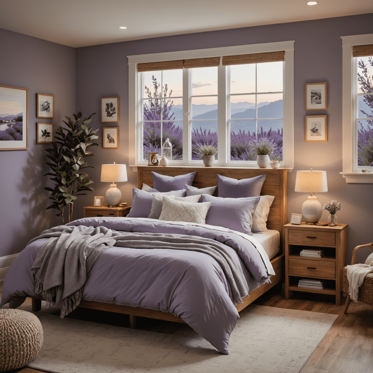 A cozy bedroom setting with soft lighting, comfortable bedding, and sleep-promoting elements like lavender and a white noise machine